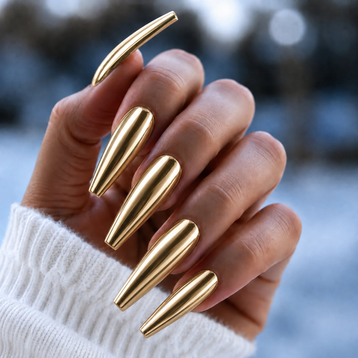 Long Coffin High Shine Gold Chrome — Gold Chrome Nails