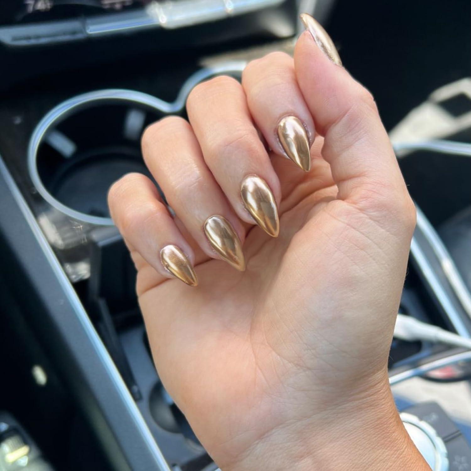 Medium Almond Bright Gold Chrome — Gold Chrome Nails