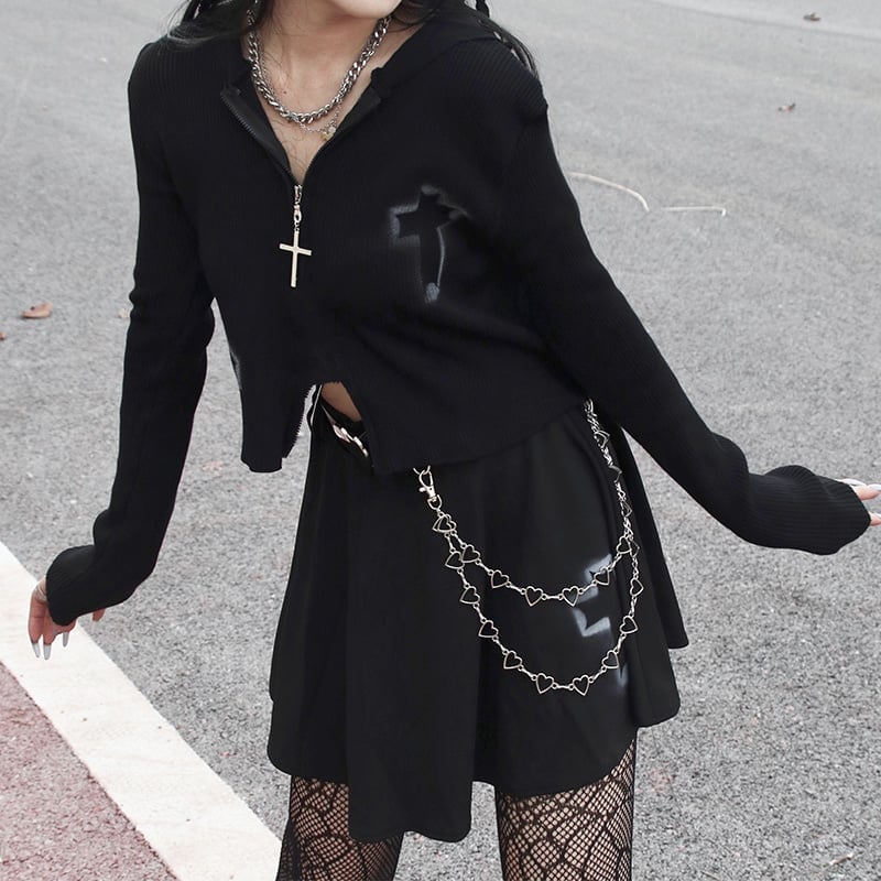 Cropped zip-up hoodie with chain belt detail — Gothic Style