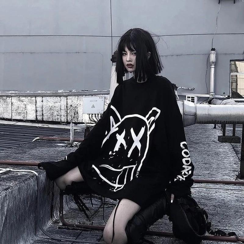 Oversized black sweatshirt with large white graphic — Gothic Style