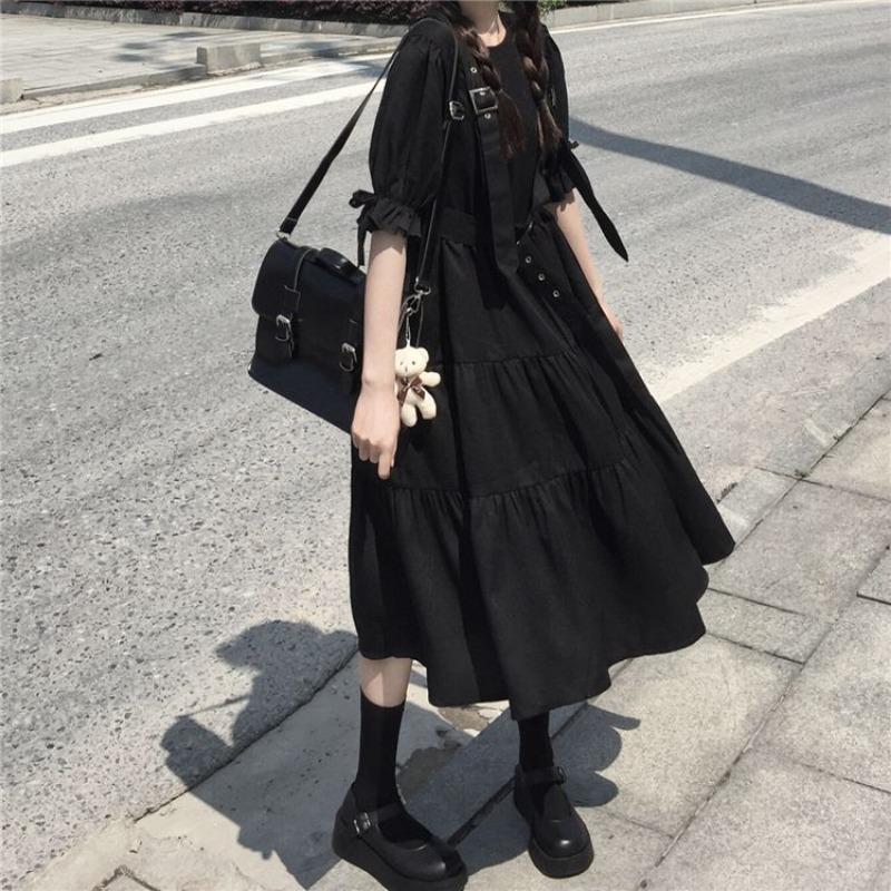Black gothic lolita midi dress with puff sleeves — Gothic Style