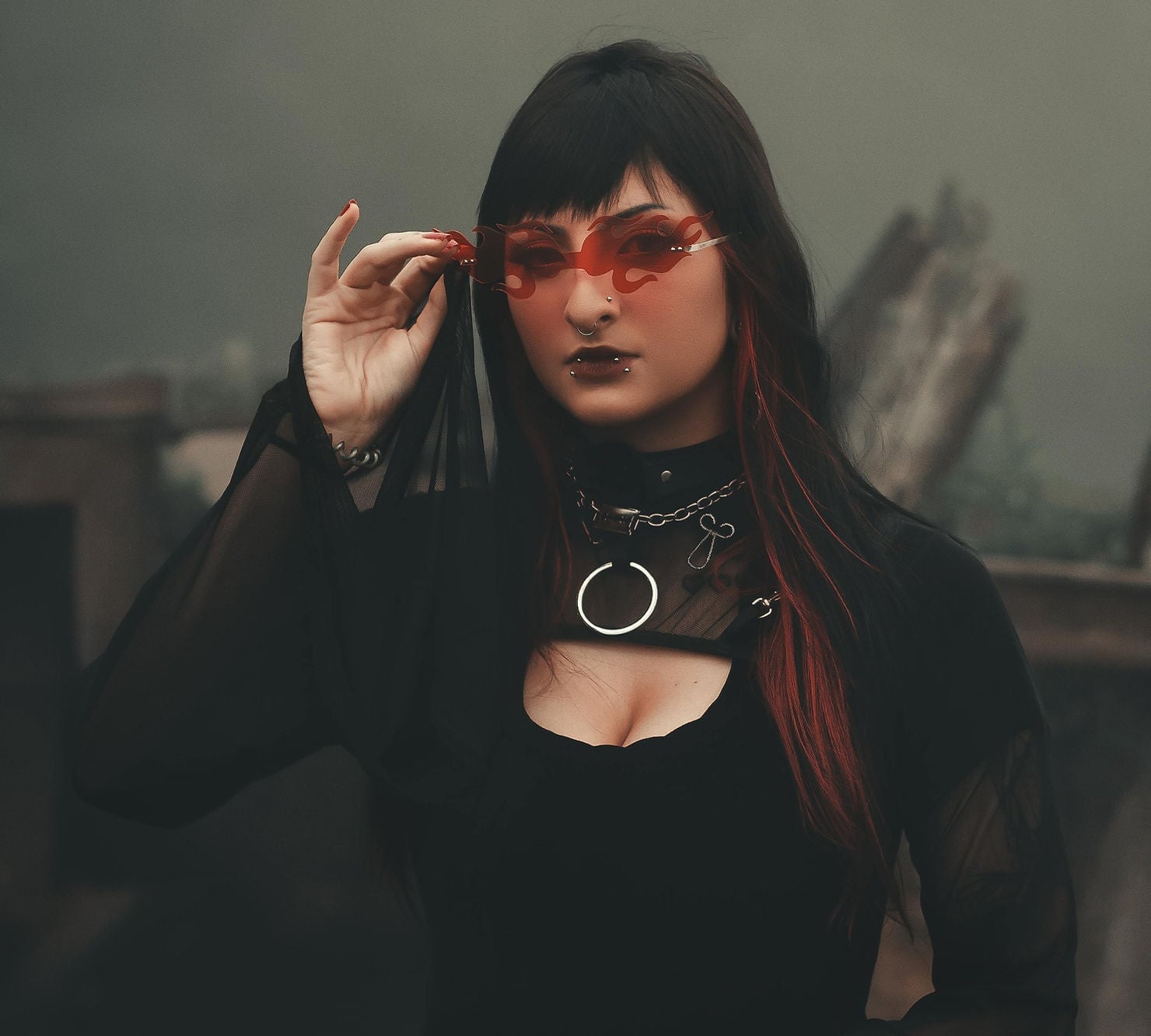 Black sheer long-sleeve top with cut-out detail — Gothic Style