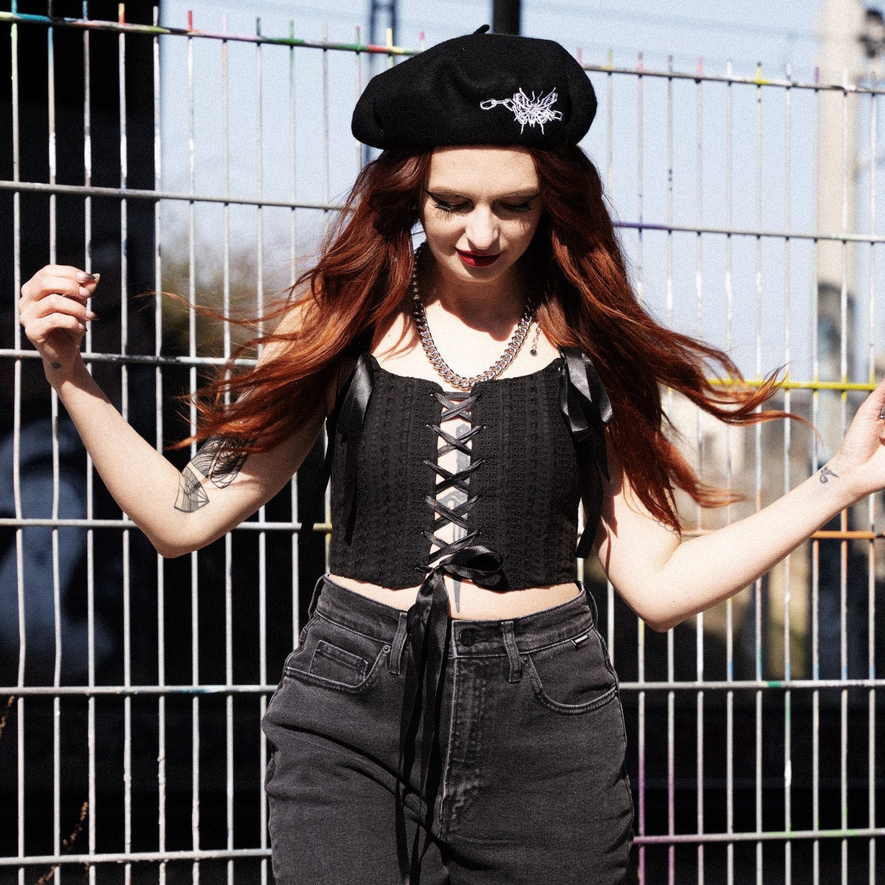 Black lace-up corset crop top with slim-fit jeans — Gothic Style