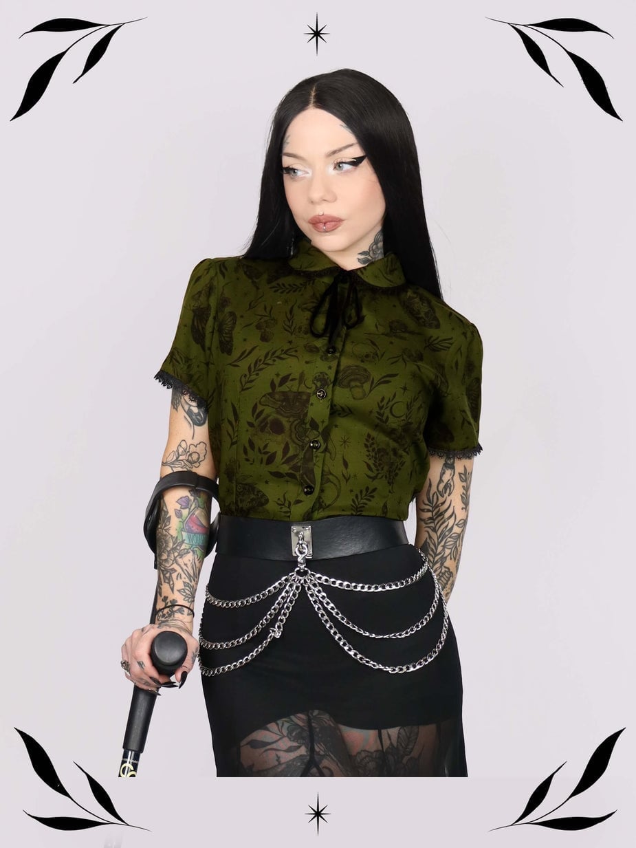 Olive green blouse with dark floral pattern and lace trim — Gothic Style