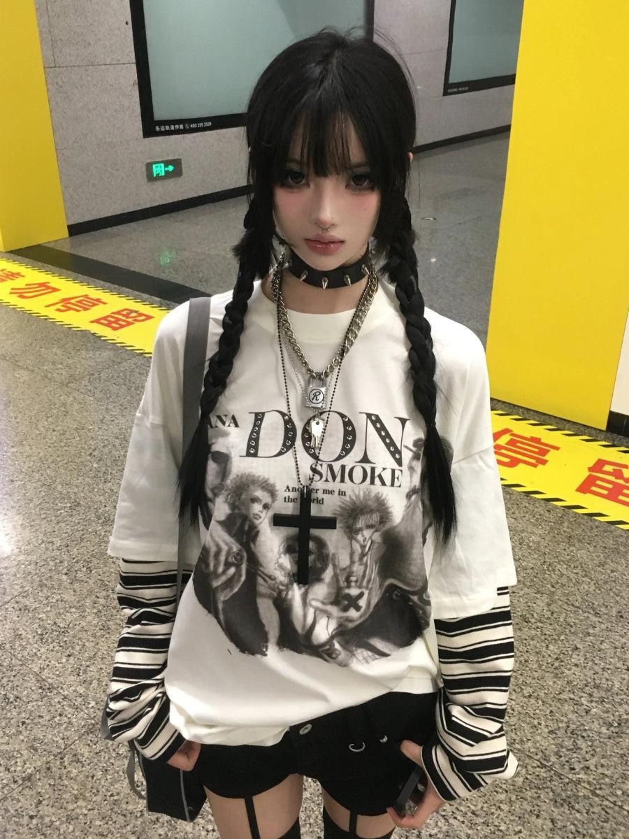 Oversized white graphic t-shirt over striped long-sleeve — Gothic Style