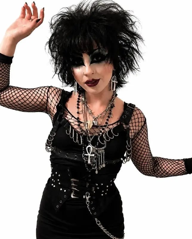 Black fishnet top under black harness top with metal details — Gothic Style