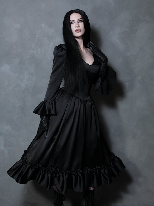 Black satin gothic dress with voluminous sleeves and skirt — Gothic Style