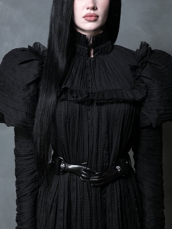 Black ruffled dress with high collar and puff, Office-Safe Version — Gothic Style