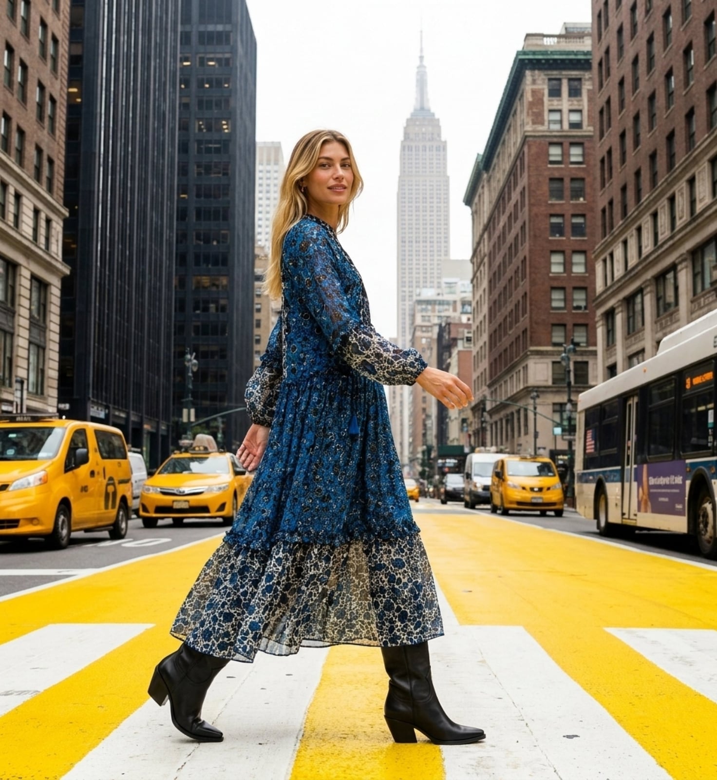 Blue tiered long sleeve dress — Gowns Dresses
