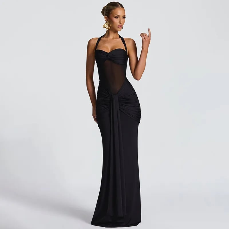 Black halter neck gown with sheer bodice and ruching — Gowns Dresses