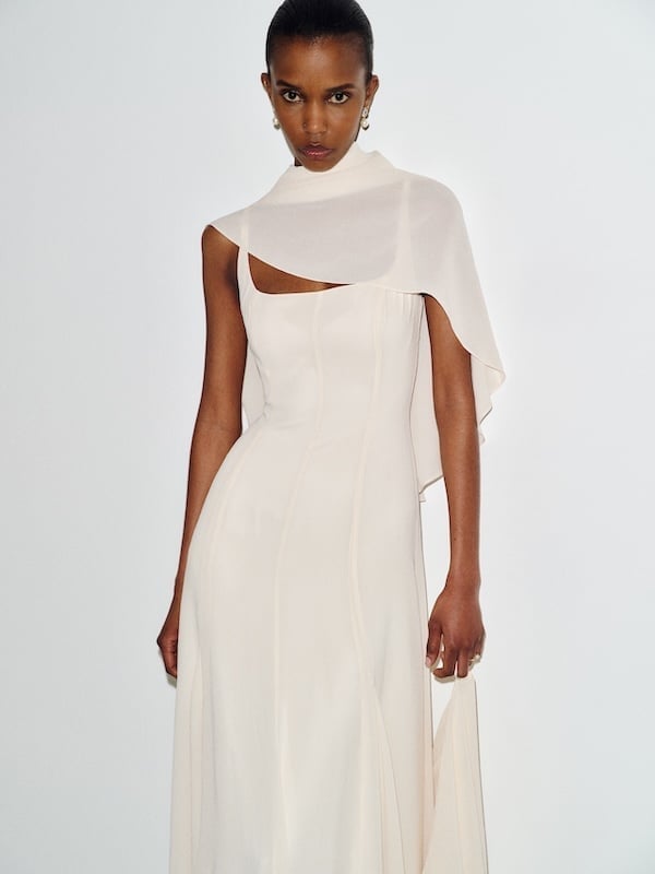Pale blush crepe column dress with chiffon overlay — Gowns Dresses
