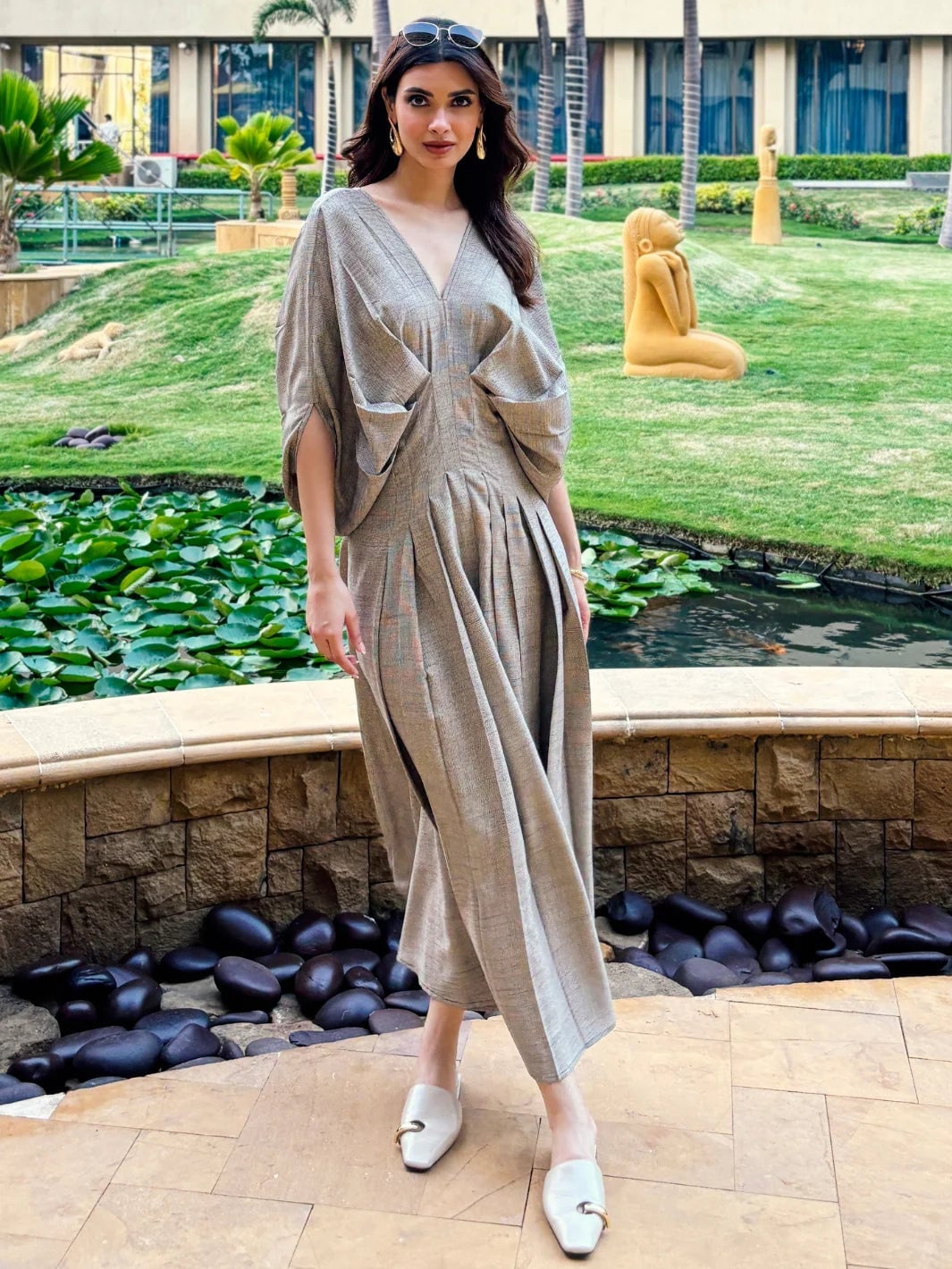 Neutral beige and gray plaid oversized draped dress — Gowns Dresses