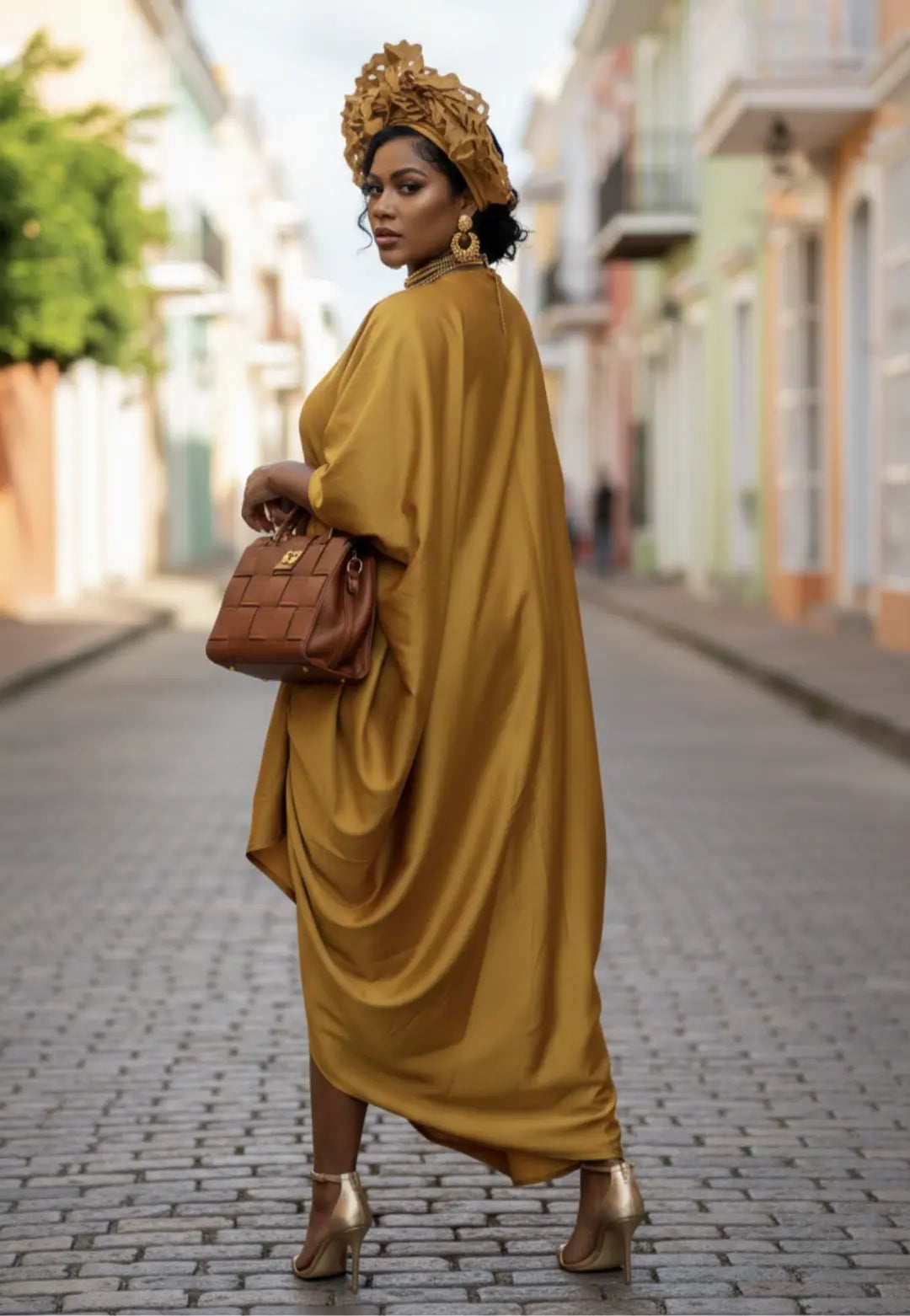 Gold satin silk draped kaftan dress — Gowns Dresses