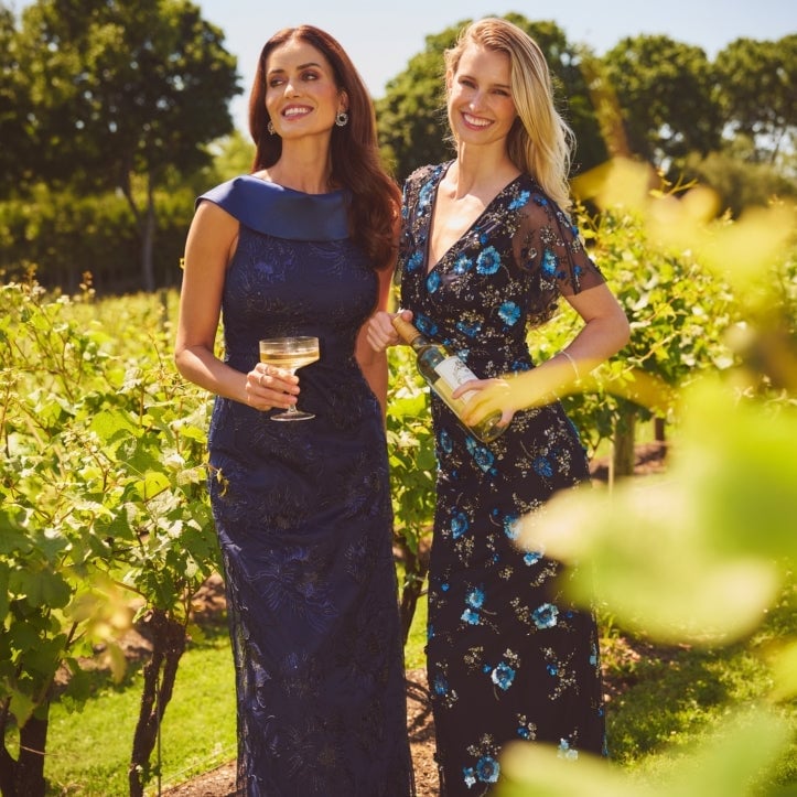 Navy sleeveless lace column dress — Gowns Dresses
