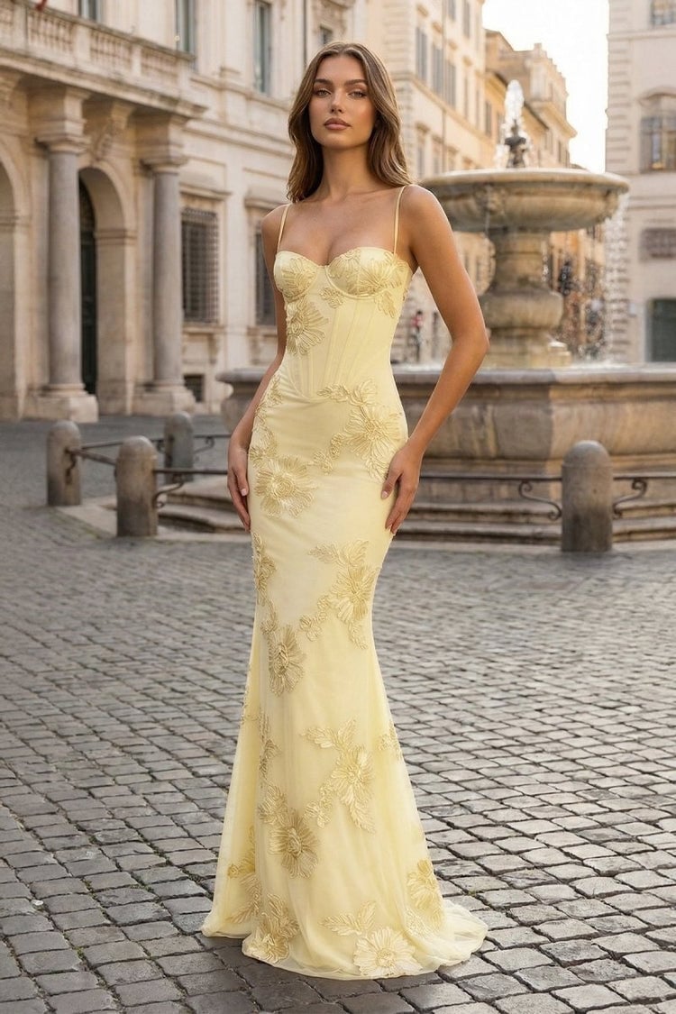 Pale yellow embroidered mermaid flare gown — Gowns Dresses