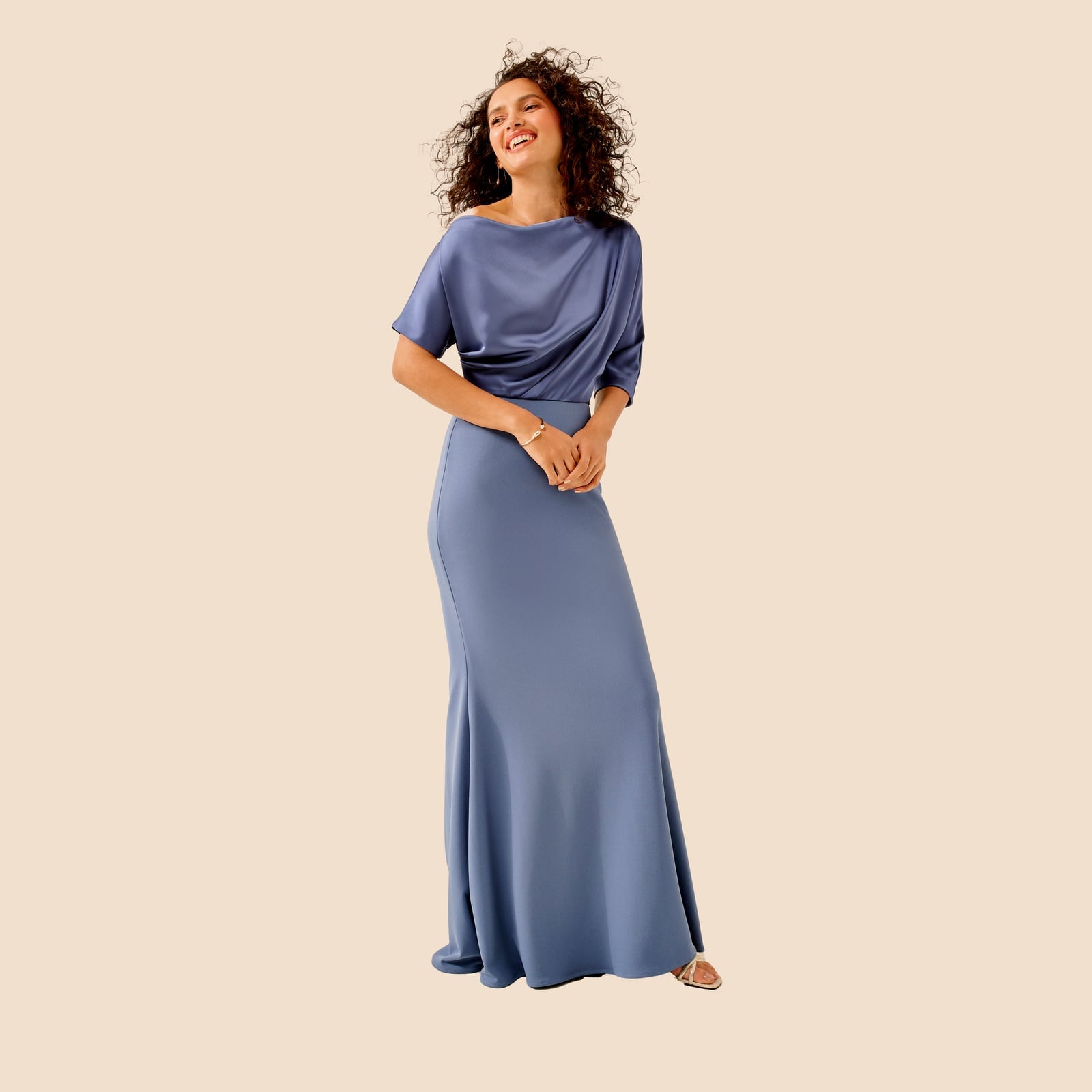 Dusty blue satin gown with draped cowl neck — Gowns Dresses