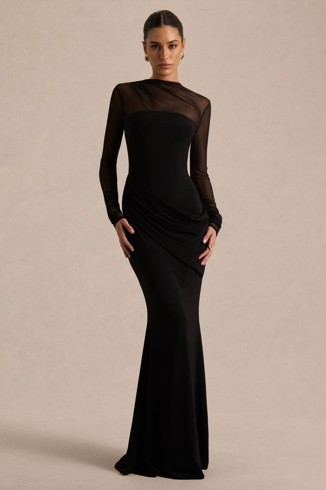 Black long-sleeve mesh neckline dress — Gowns Dresses