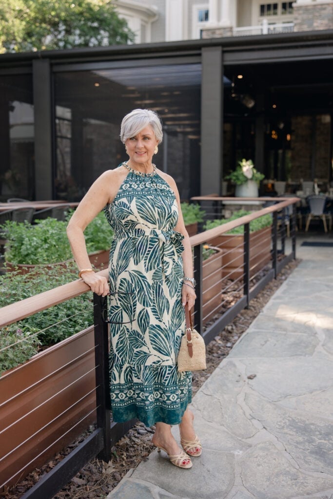 Green and cream leaf-print halter maxi dress — Gowns Dresses