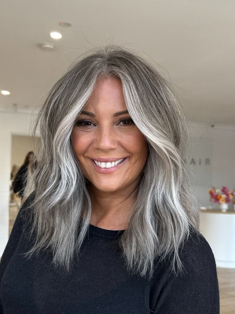 Collarbone Lob With Soft Layers And Curtain Bangs — Gray Blending