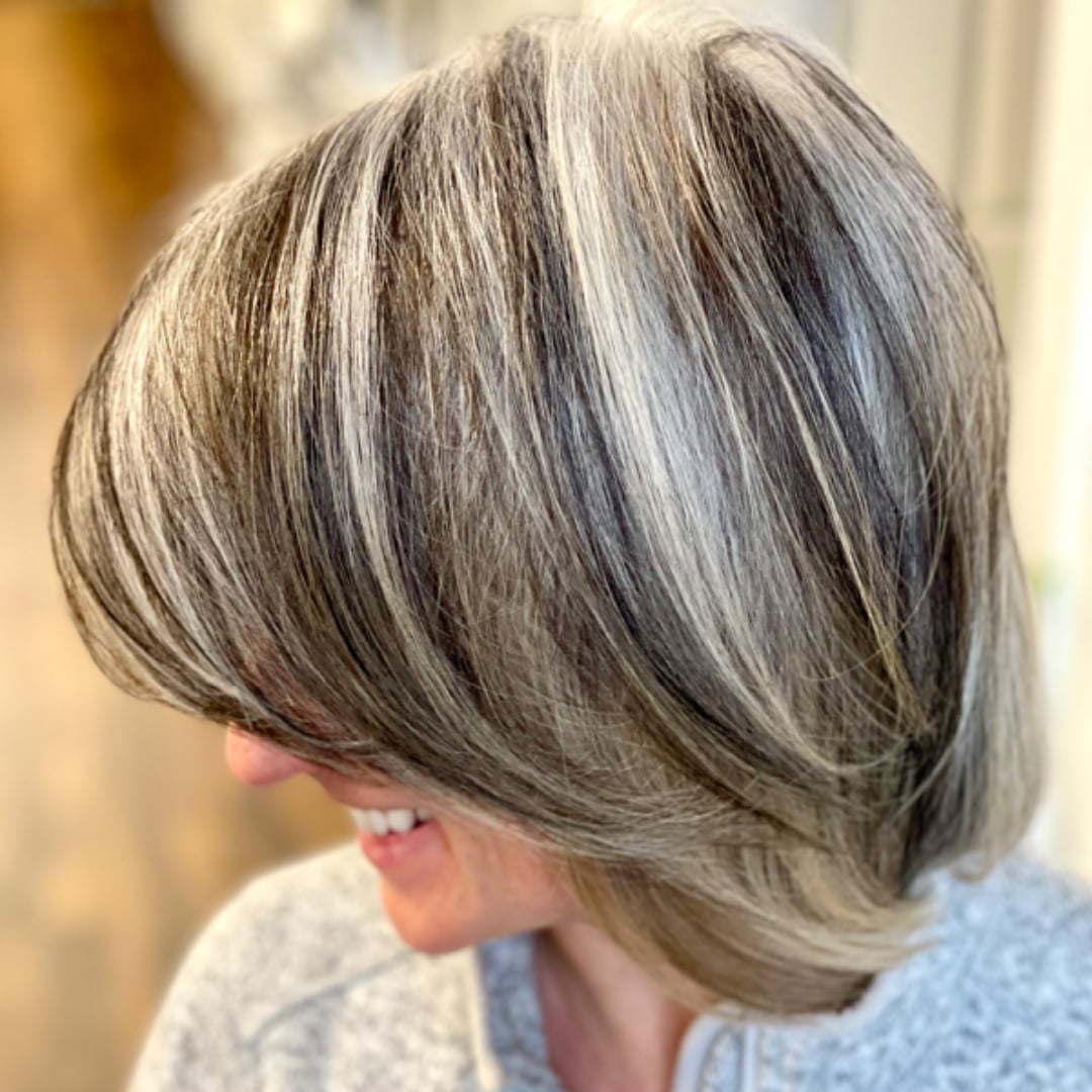 Chin Length Bob With Dark Brown Gray Blonde Highlights — Gray Blending