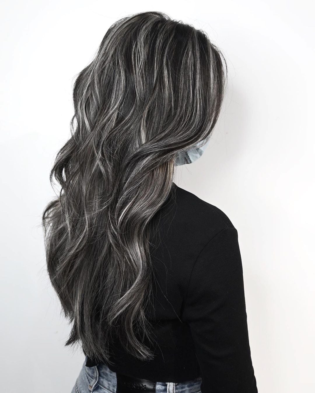 Long Hair With Dark Base Gray Silver Balayage — Gray Blending