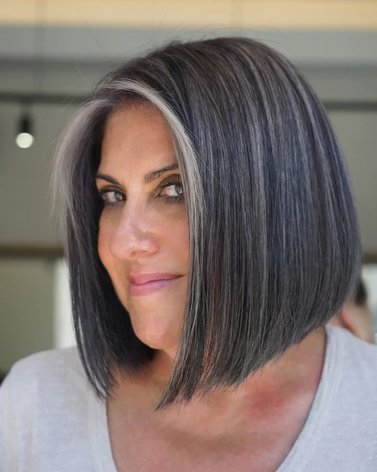 Chin Length Bob With Dark Gray Silver Highlights, Side-Swept Bangs — Gray Blending