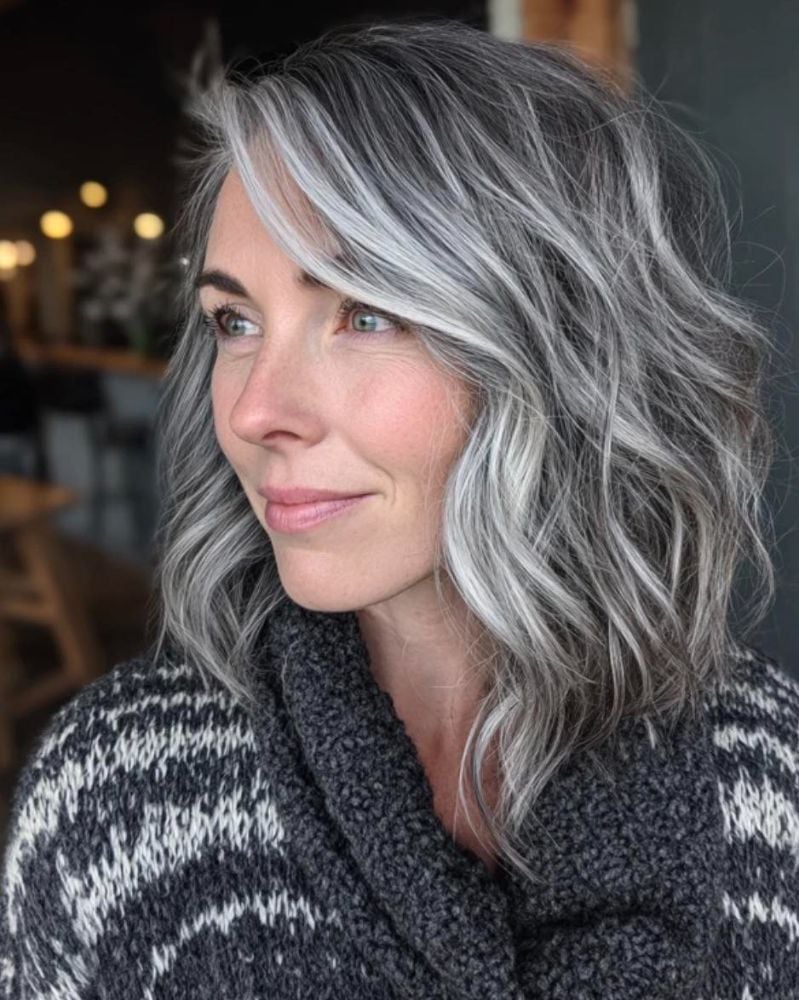 Collarbone Waves With Side-Swept Bangs — Gray Blending