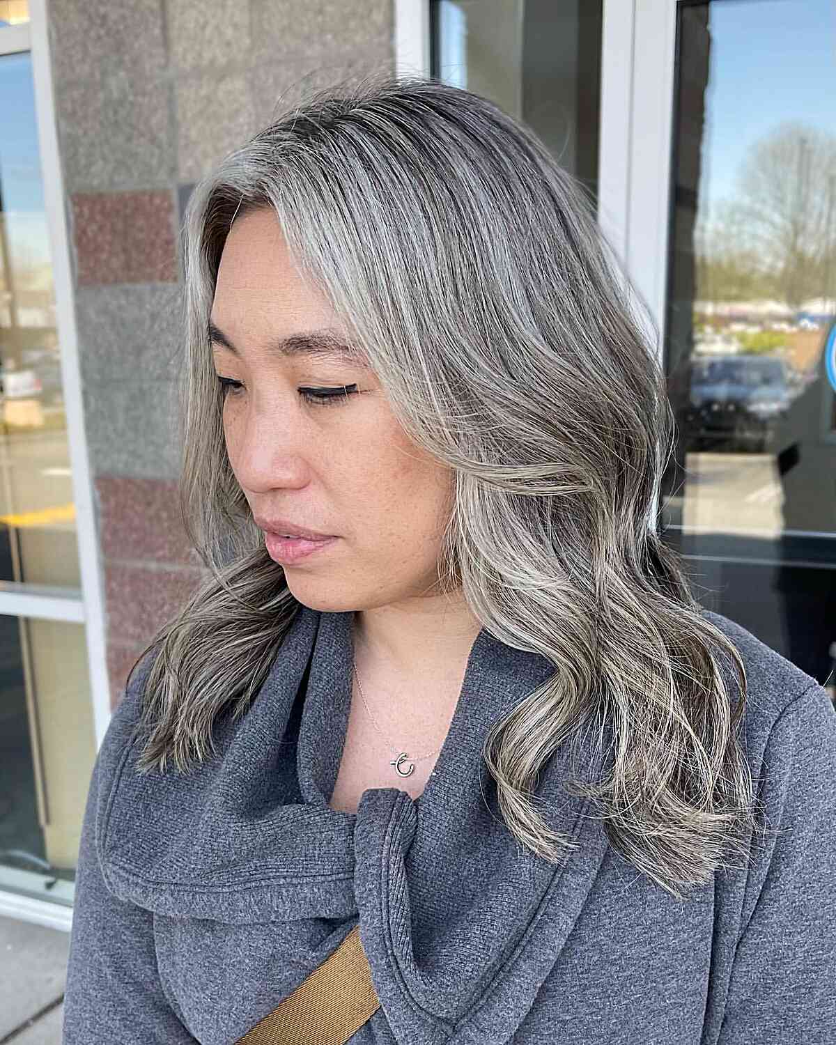 Mid-Back Length With Curtain Bangs — Gray Blending