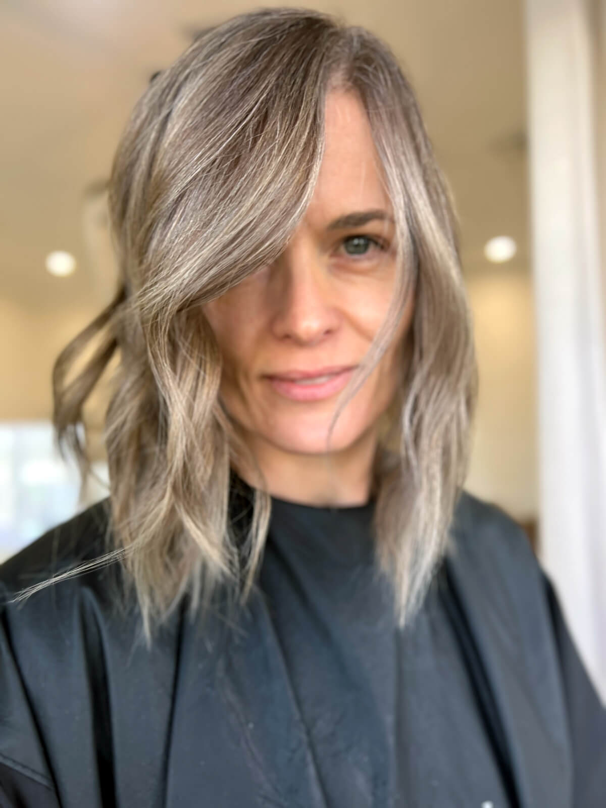 Chin Length Lob Textured Wavy Layers — Gray Blending