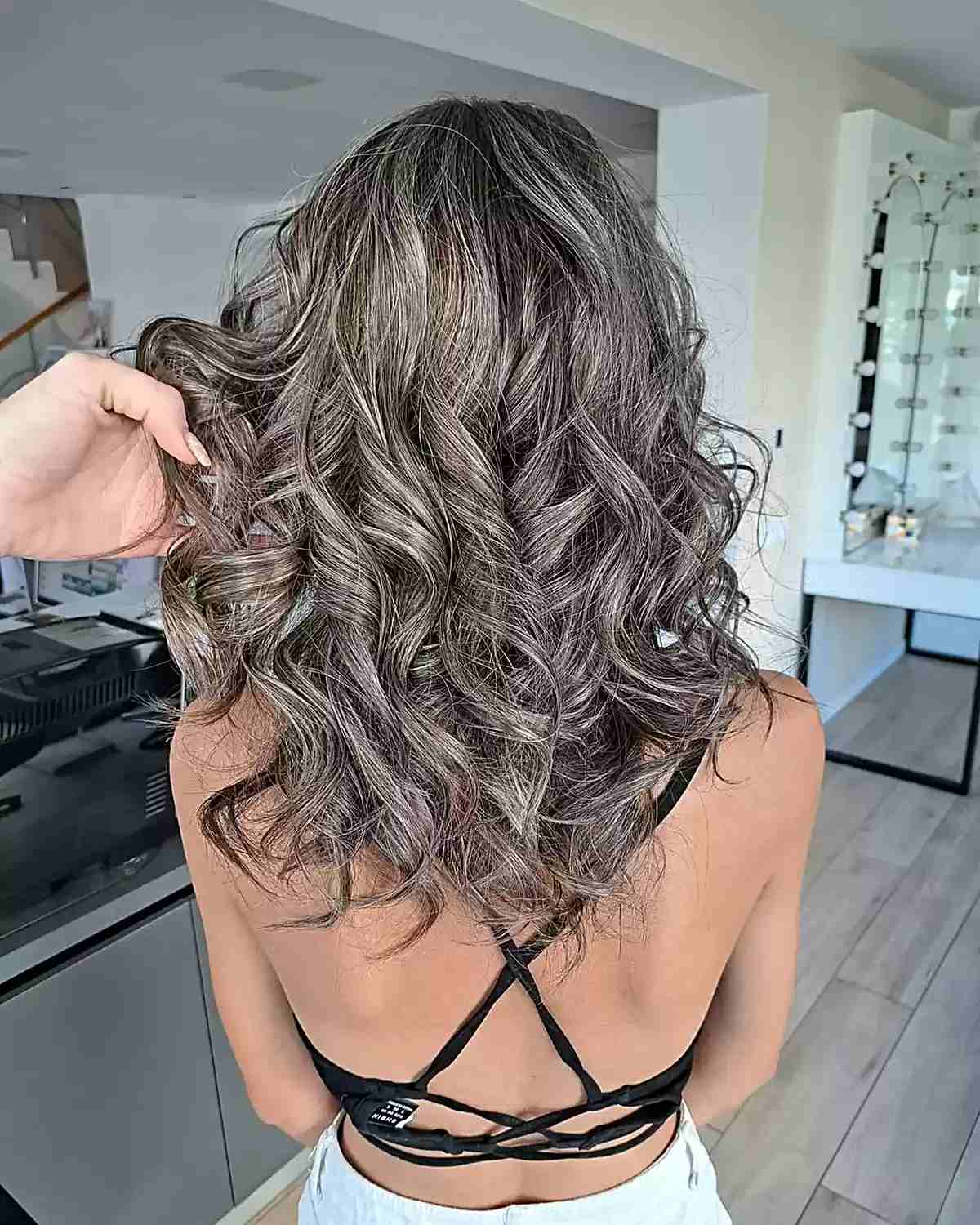 Shoulder Length Defined Curls With Gray Highlights — Gray Blending