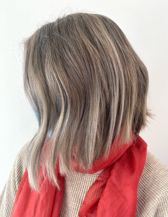 Chin Length Bob With Gray Blonde Highlights, Close-Up Take — Gray Blending