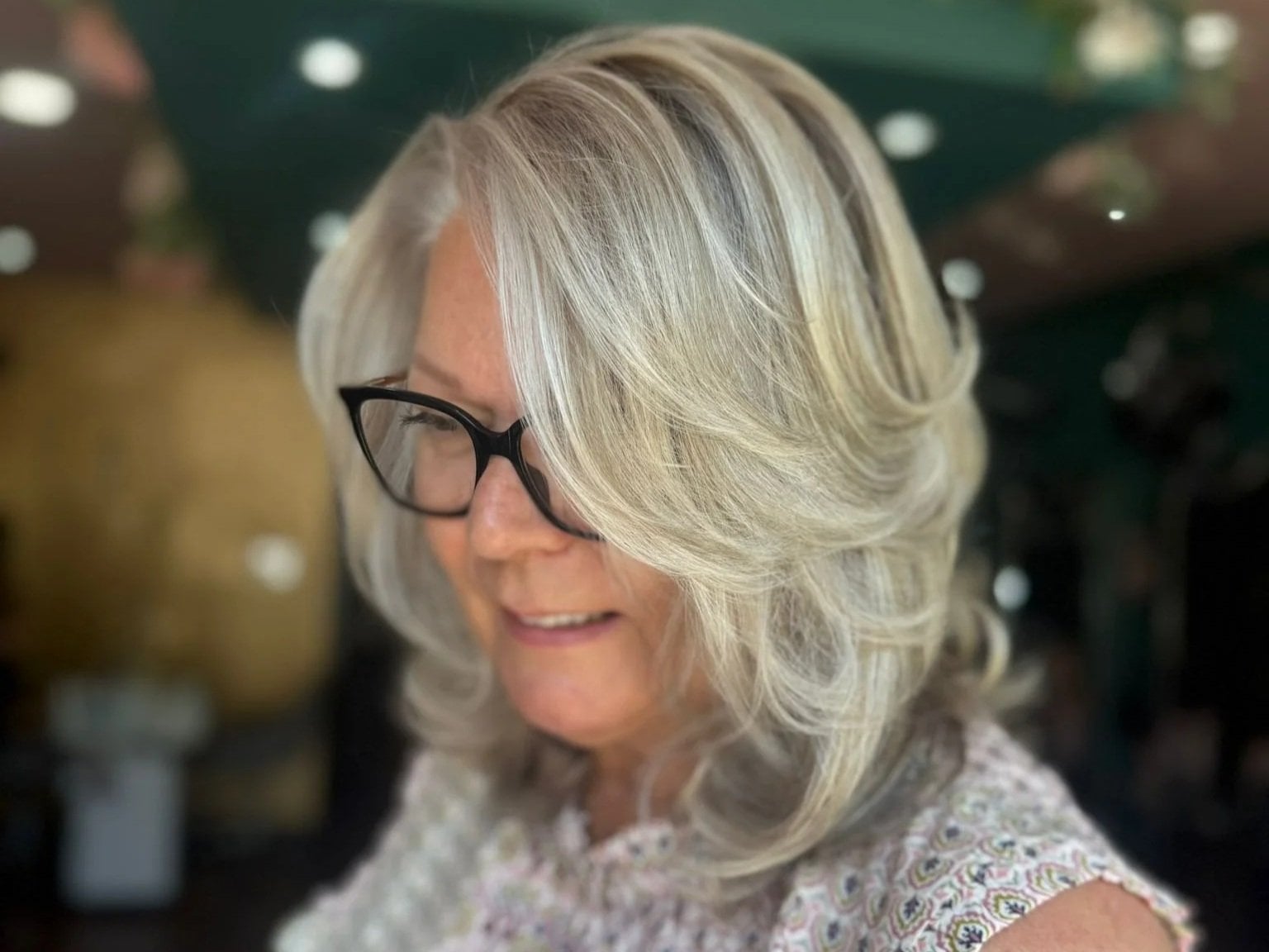 Collarbone Layers With Curtain Bangs — Gray Blending