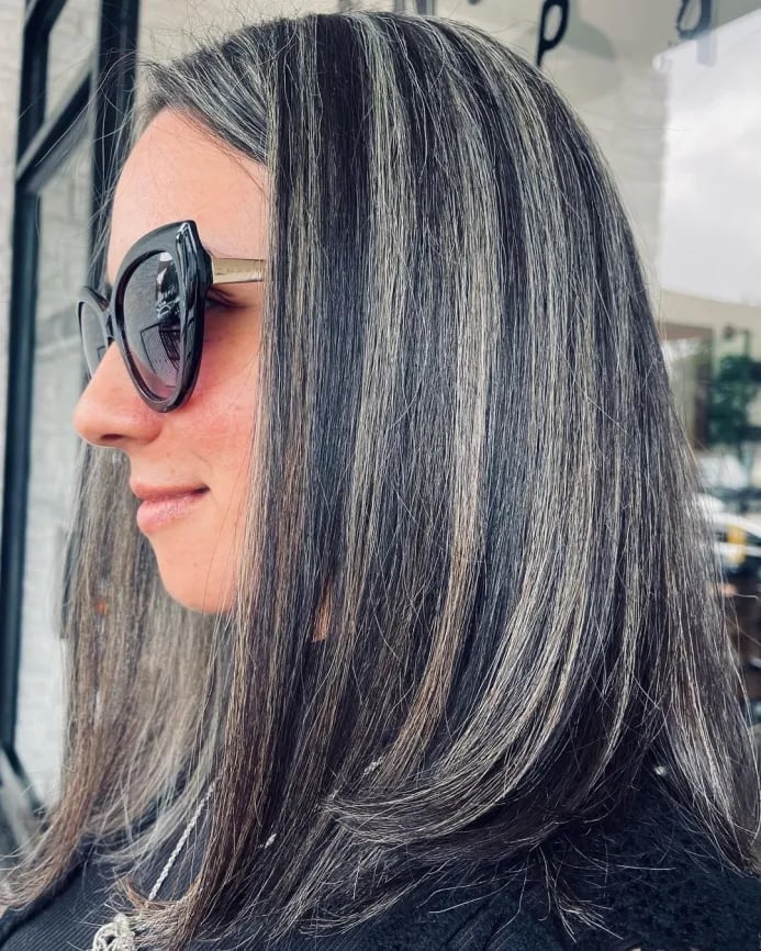 Collarbone Lob With Dark Brown Gray Blonde Highlights — Gray Blending