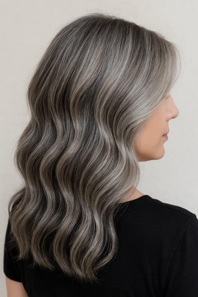 Mid-Back Length Waves With Face-Framing Layers — Gray Blending