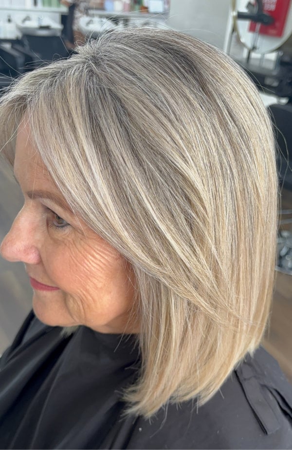 Collarbone Bob With Ash Blonde Gray Highlights — Gray Blending