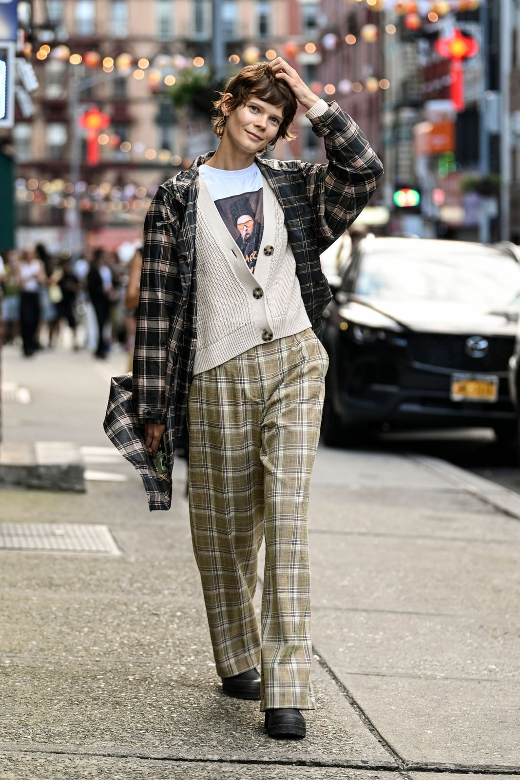 Layered Plaid Overshirt and Ribbed Cardigan — Grunge Style