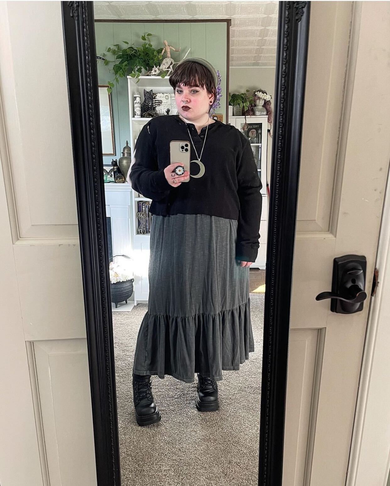Tiered Gray Dress Over Black Long-Sleeve Top — Grunge Style