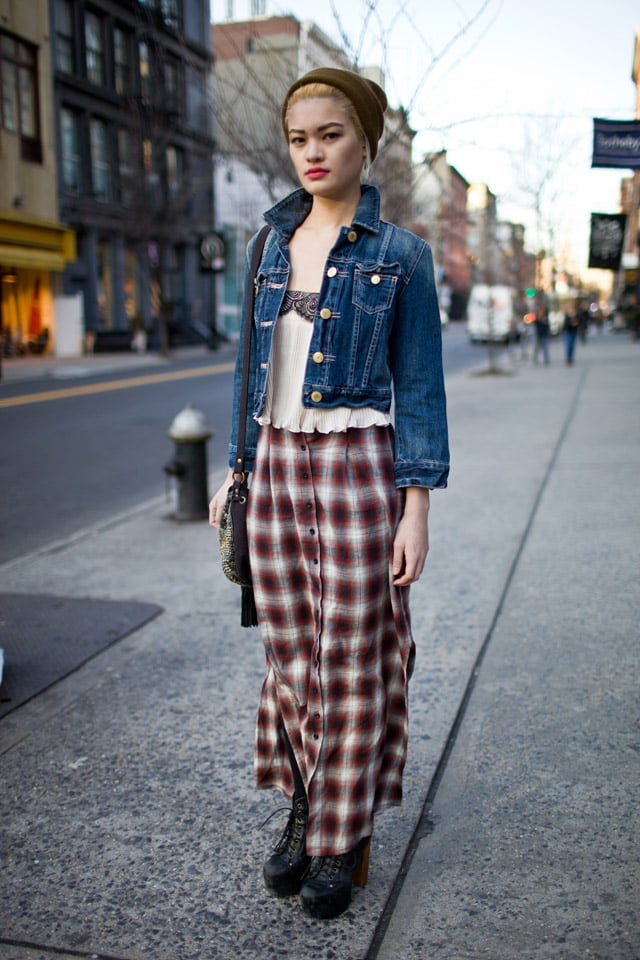 Denim Jacket Over Camisole with Plaid Maxi Skirt — Grunge Style