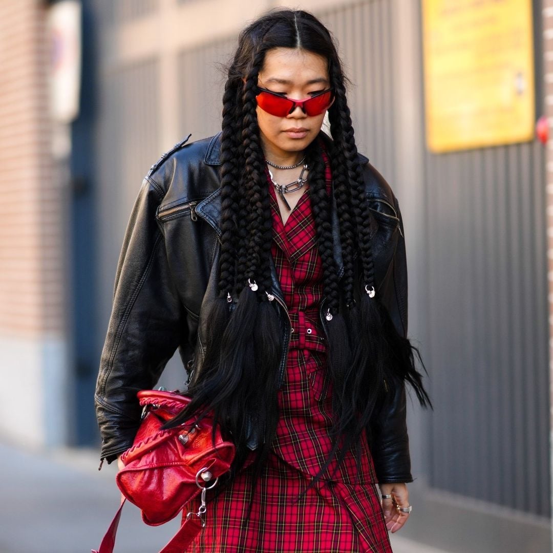 Leather Biker Jacket Over Plaid Dress — Grunge Style