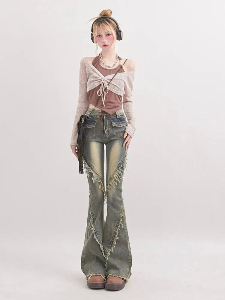 Distressed Flared Jeans with Halter Top — Grunge Style