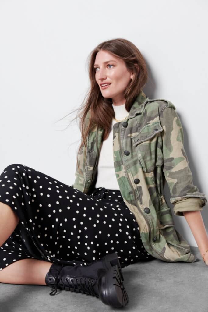 Camouflage Utility Jacket Over Turtleneck — Grunge Style