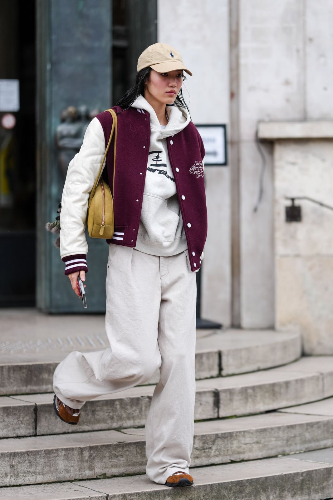 Varsity Jacket Over Gray Hoodie with Trousers — Hoodie Outfits Women