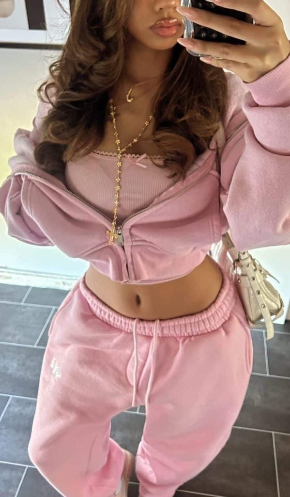 Pink Cropped Zip-Up Hoodie with Matching Set — Hoodie Outfits Women