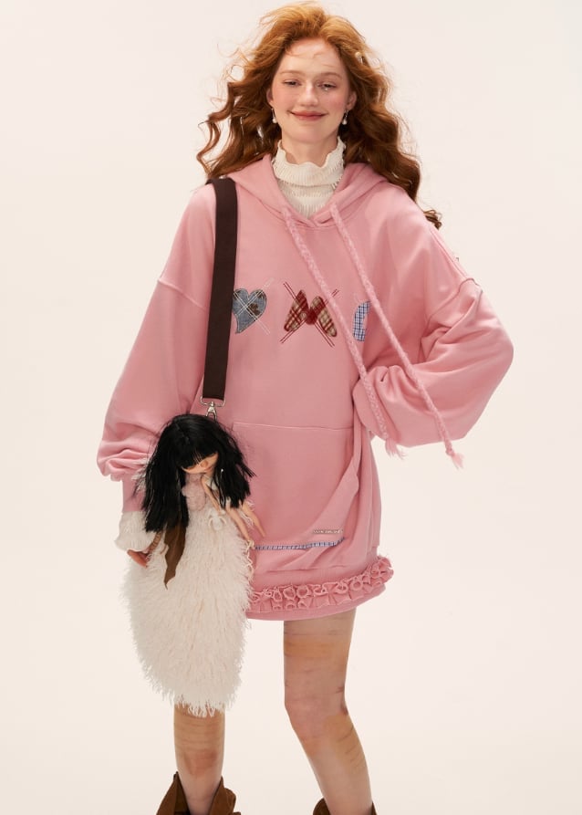 Pink Hoodie Dress with Ruffled Details and Brown Boots — Hoodie Outfits Women