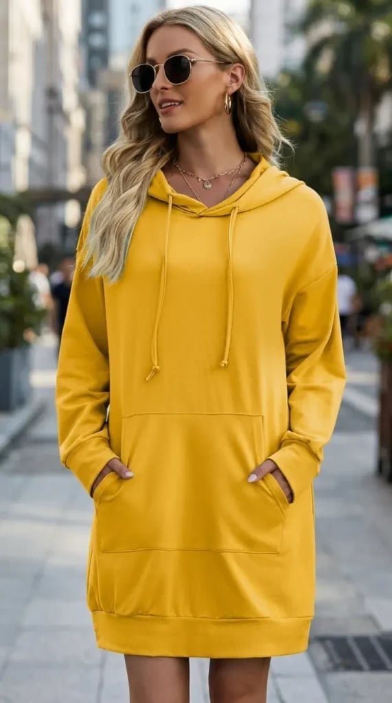 Bright Yellow Oversized Hoodie Dress with Sunglasses — Hoodie Outfits Women