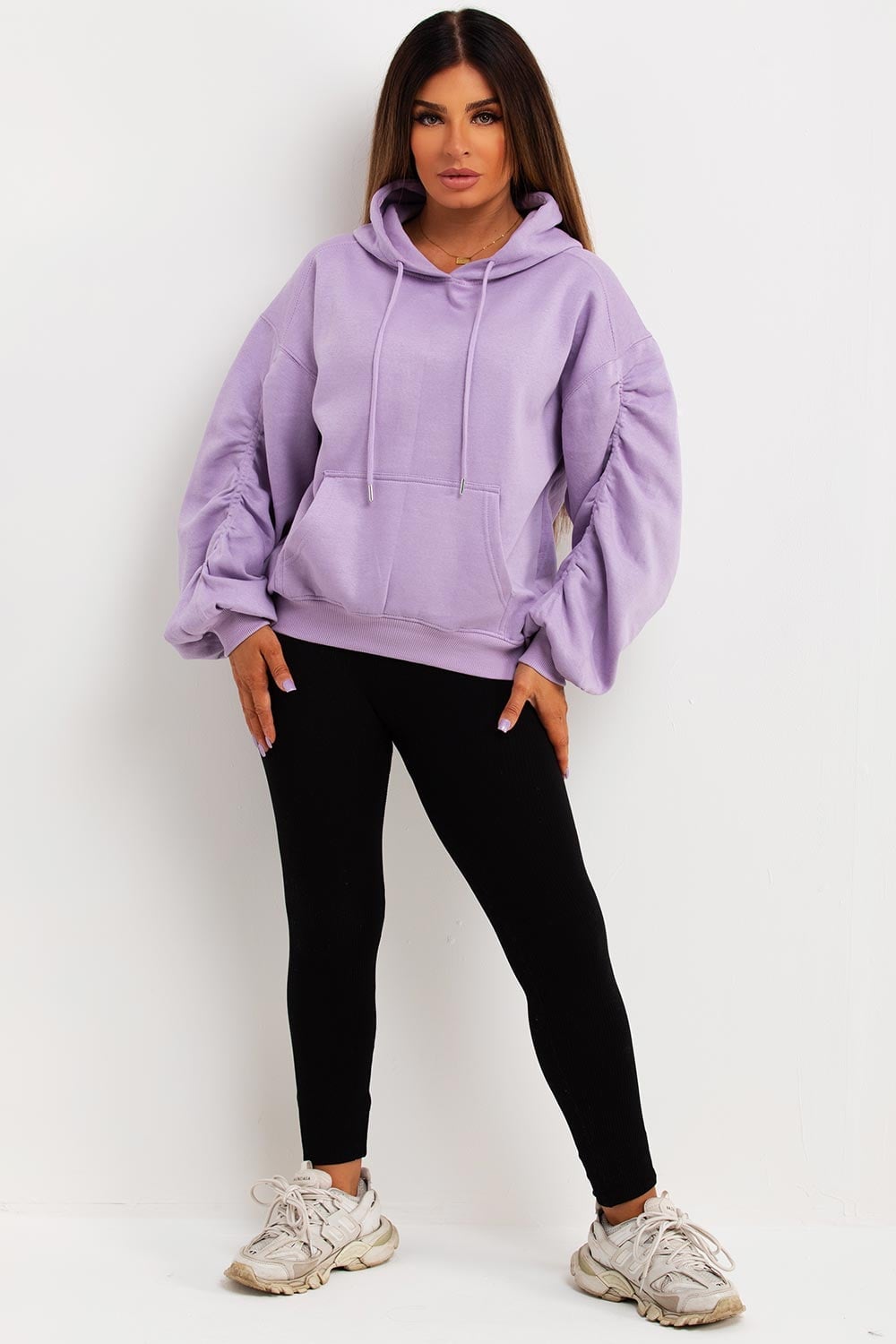 Lavender Hoodie with Puffy Sleeves and Black Leggings — Hoodie Outfits Women