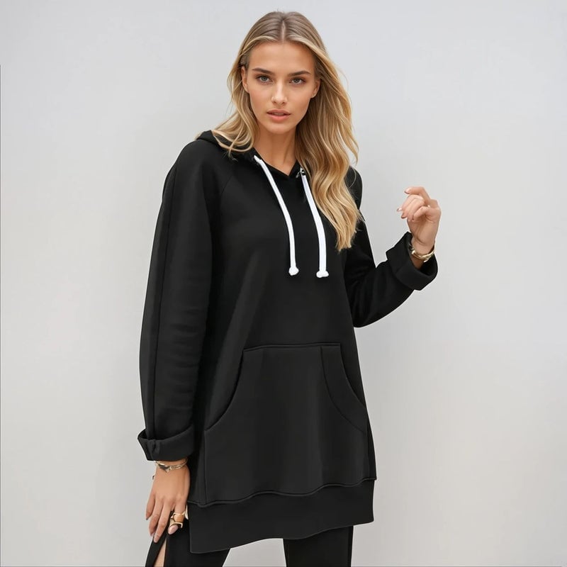 Black Hoodie Dress with Leggings and Gold Jewelry — Hoodie Outfits Women