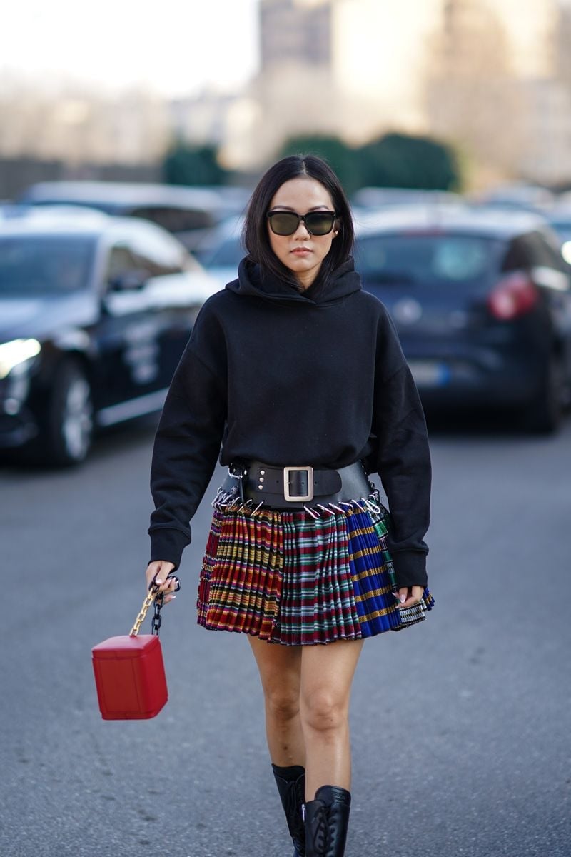 Oversized Hoodie with Plaid Mini Skirt and Belt — Hoodie Outfits Women