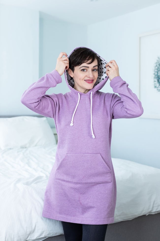 Purple Hoodie Dress with Dark Gray Leggings — Hoodie Outfits Women