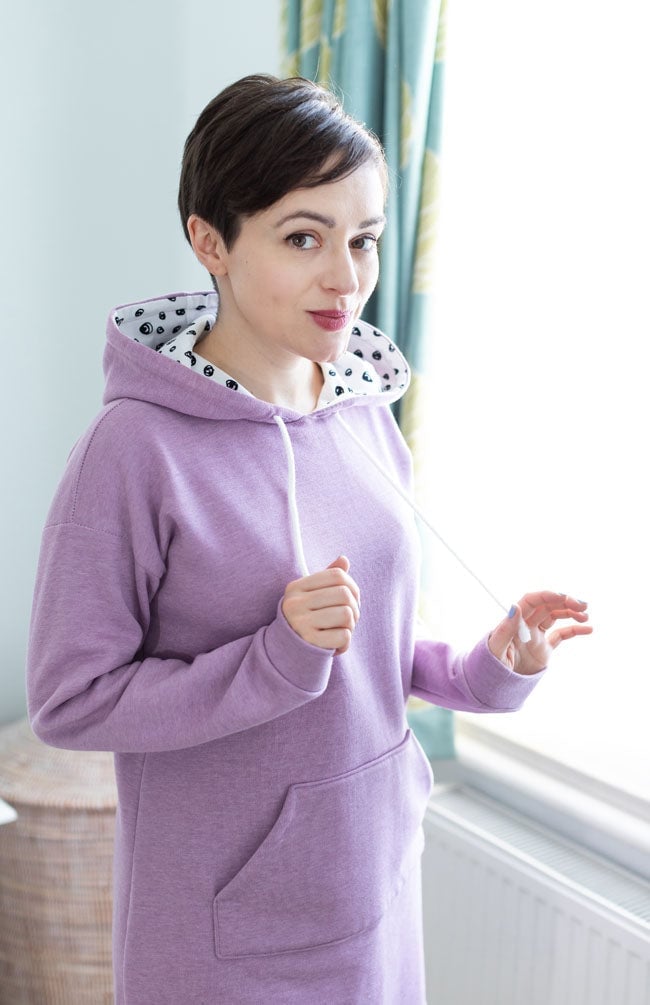 Lavender Hoodie with Patterned Lining Detail — Hoodie Outfits Women